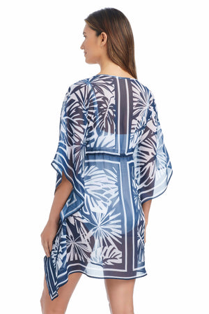 Blue Bleu Rod Tropical Tango caftan cover-up with vibrant tropical print, lightweight fabric, and relaxed fit for beach or poolside wear.