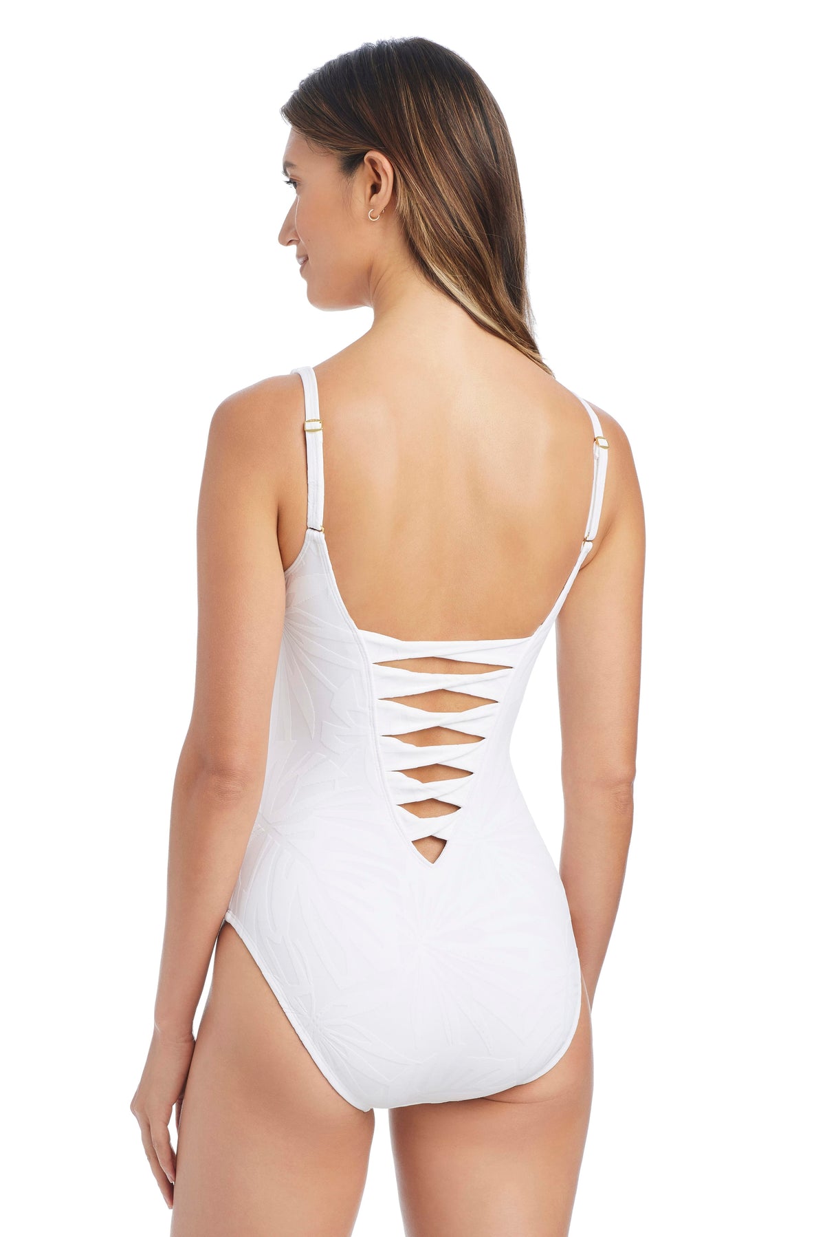 Bleu Rod Tropical Tango lace-down one-piece swimsuit with over-the-shoulder design and vibrant tropical pattern.