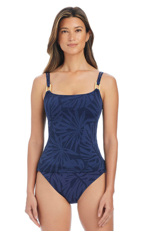 Blue and tropical print Bleu Rod Tropical Tango square neck tankini top with adjustable straps, perfect for beach and poolwear.