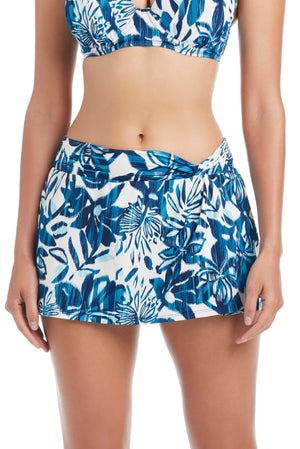 Bleu Rod Turning Tides bikini bottom with a draped skirted design featuring a vibrant Turning Tides print on smooth fabric.