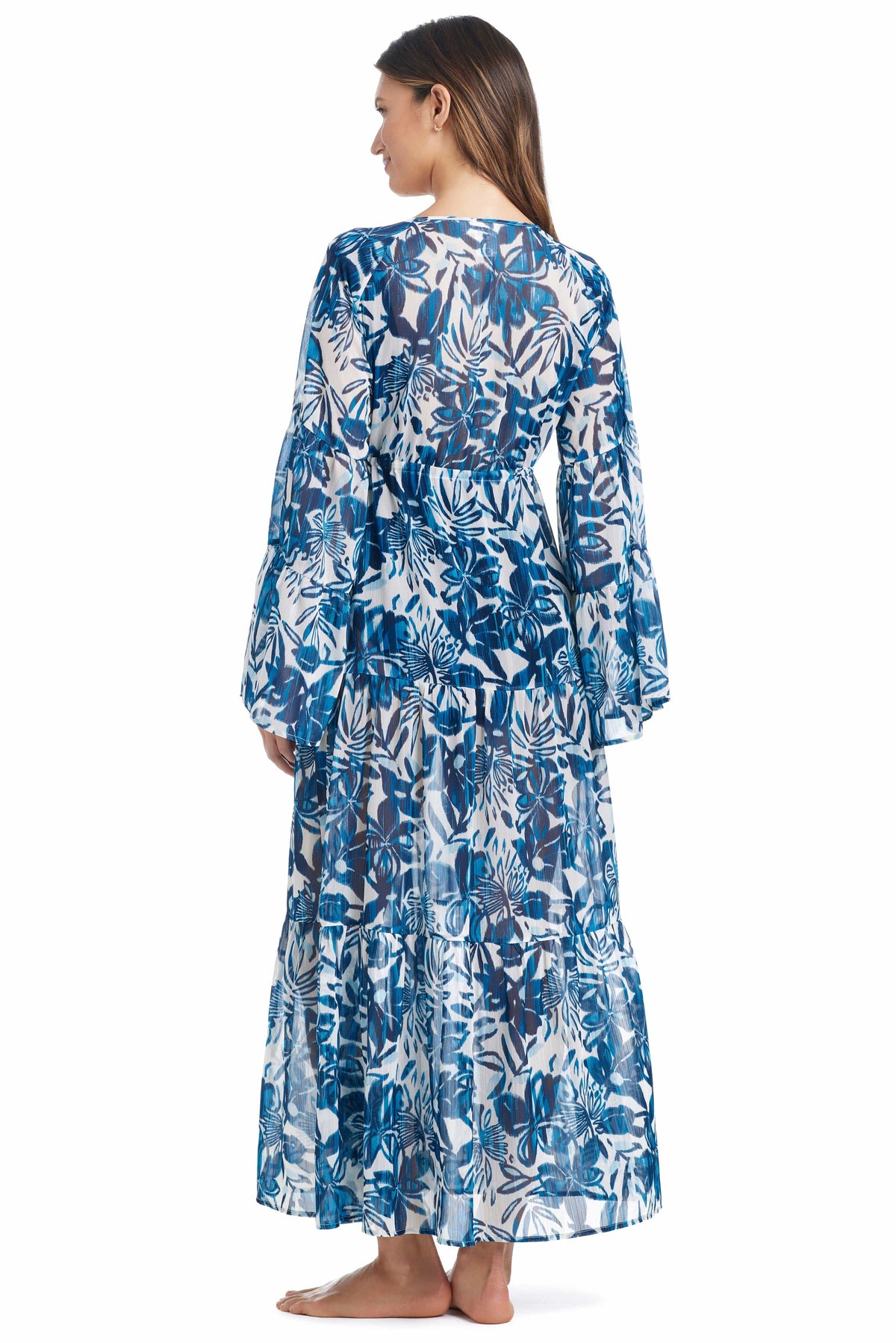 Blue Bleu Rod Turning Tides chiffon long cover-up dress with flowing fabric and relaxed fit, perfect for beach or poolside wear.
