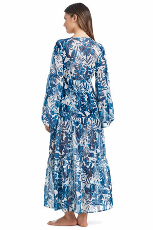 Blue Bleu Rod Turning Tides chiffon long cover-up dress with flowing fabric and relaxed fit, perfect for beach or poolside wear.