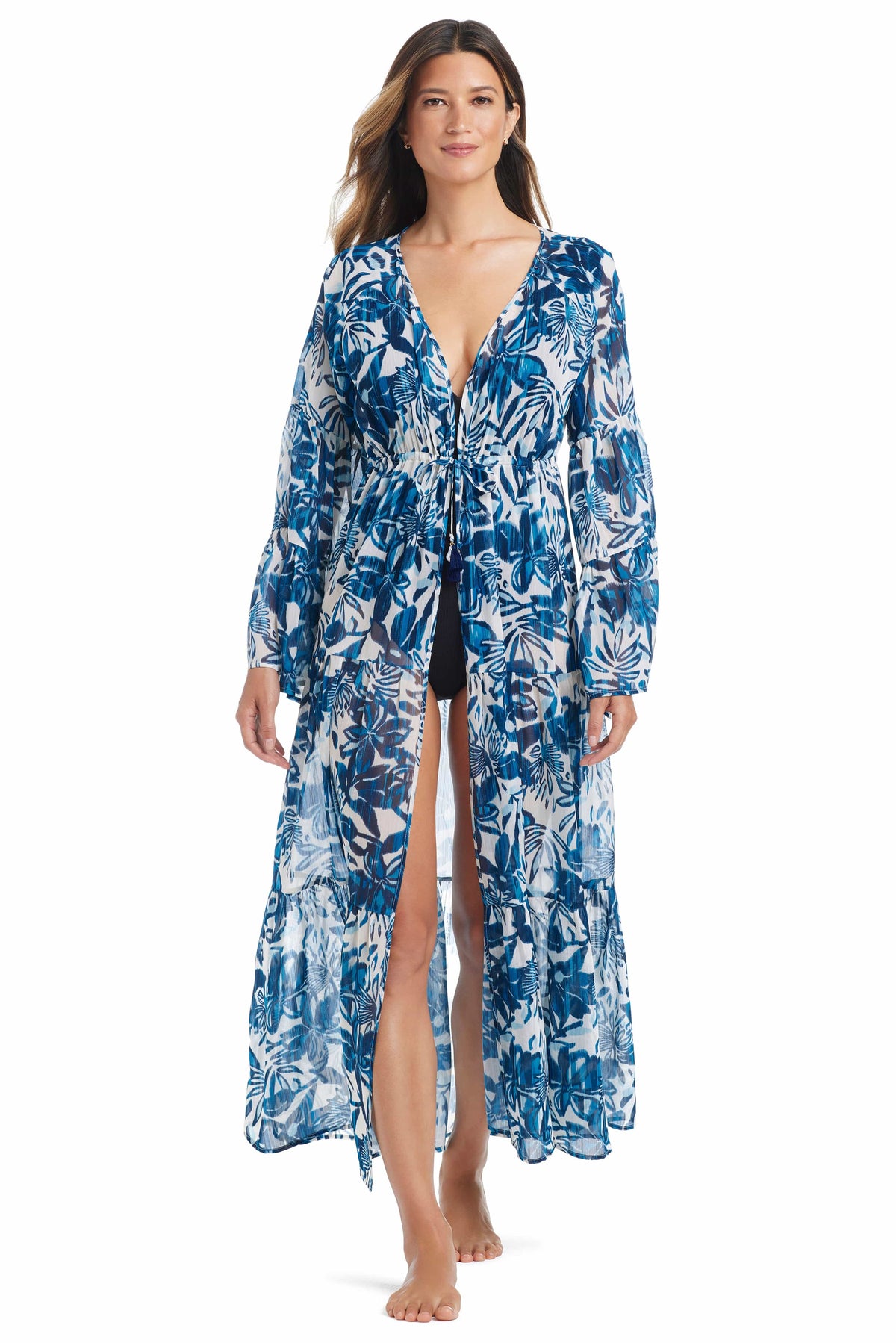 Long chiffon cover-up dress from Bleu Rod Turning Tides featuring a flowing design and lightweight fabric.
