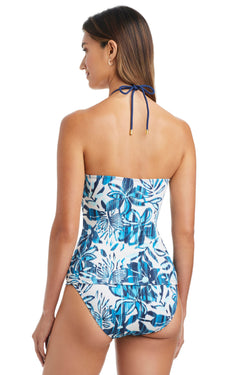Turning Tides Bandini Tankini Swim Top by Bleu Rod, navy blue tankini with adjustable straps and a supportive fit for swimming and beachwear.