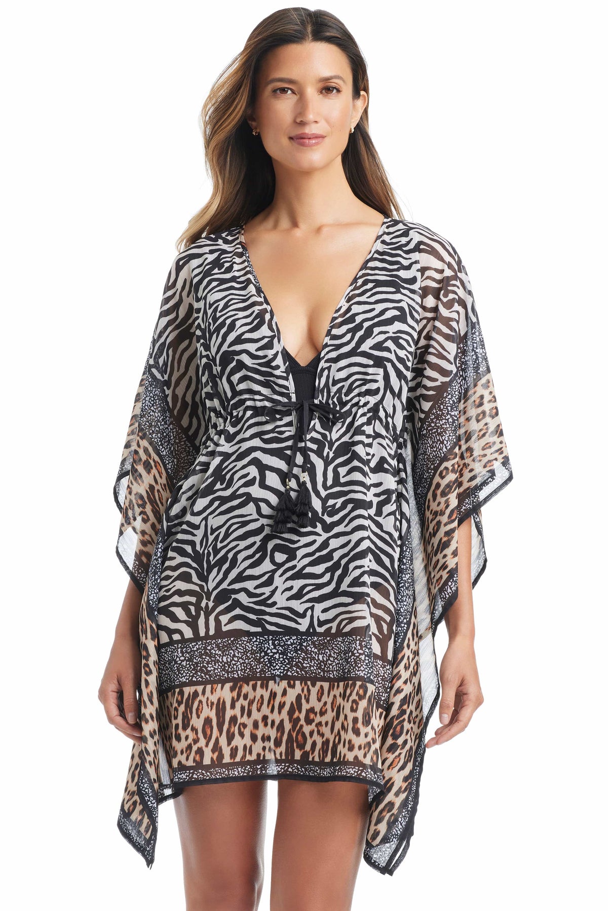 Blue and white patterned caftan coverup from Bleu Rod's What's In The Mix collection, lightweight and flowing for beachwear.