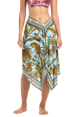 White Lotus Bleu Rod pareo cover-up with waterfall design, lightweight fabric, and elegant drape for beach or poolside wear.