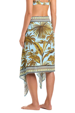 White Lotus Bleu Rod pareo coverup with waterfall design, lightweight fabric, and elegant drape for beach or poolside wear.
