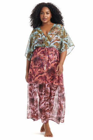 White Lotus Plus Size Dress Coverup by Bleu Rod Plus featuring a white lotus print and lightweight fabric for beachwear.