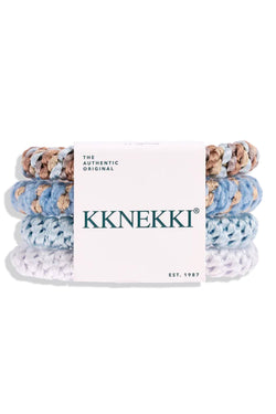 A set of four knotted hair ties wrapped in a white paper band with the brand name 'KKNEKKI' printed in dark green. The hair ties are knotted in various pastel and neutral colors including light blue, white, tan, and brown.