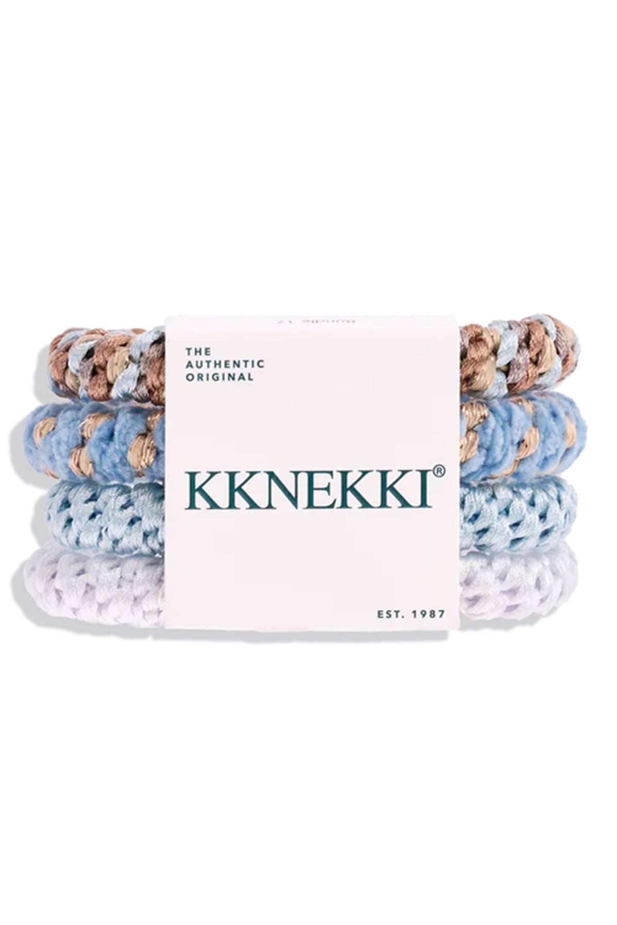 A set of four knotted hair ties wrapped in a white paper band with the brand name 'KKNEKKI' printed in dark green. The hair ties are knotted in various pastel and neutral colors including light blue, white, tan, and brown.