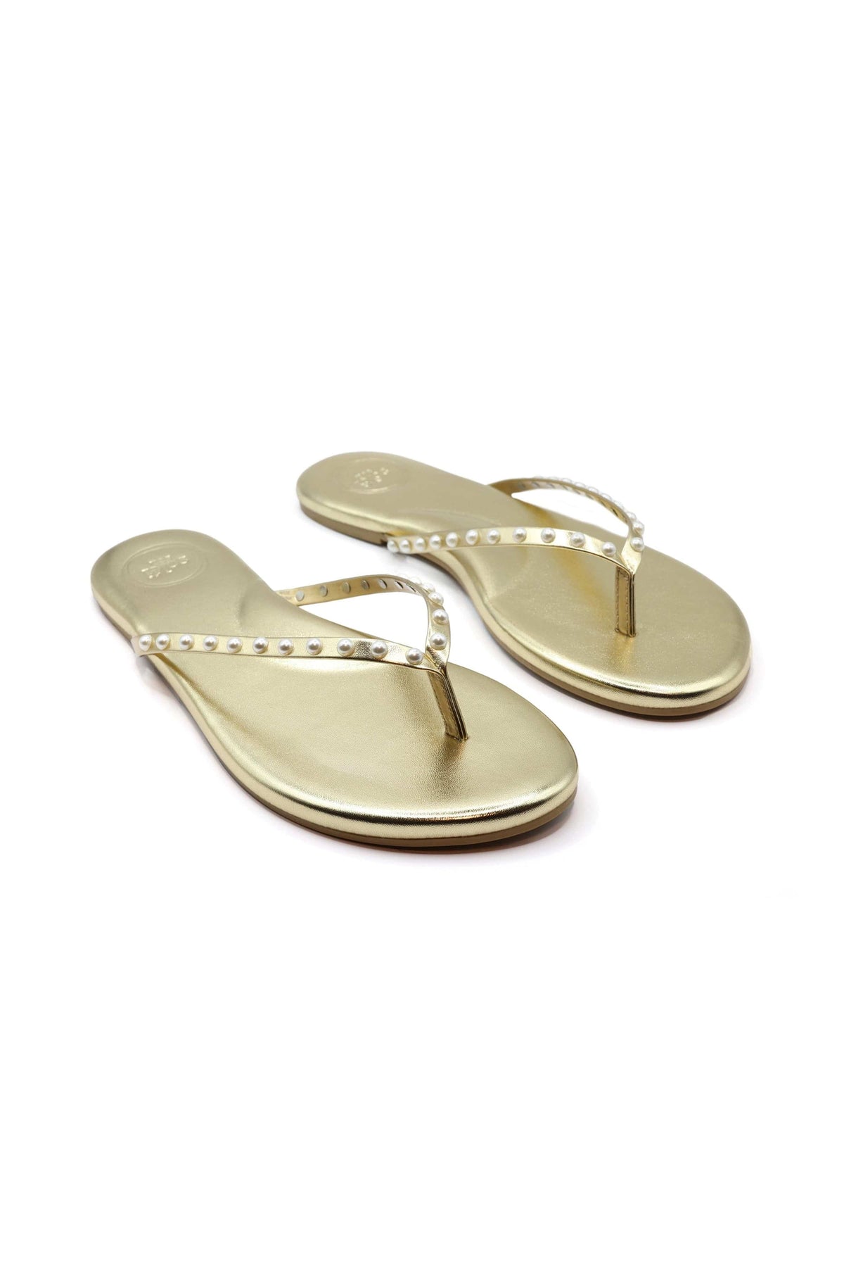 The Indie Sandal in Solid Metallic Gold with Pearls