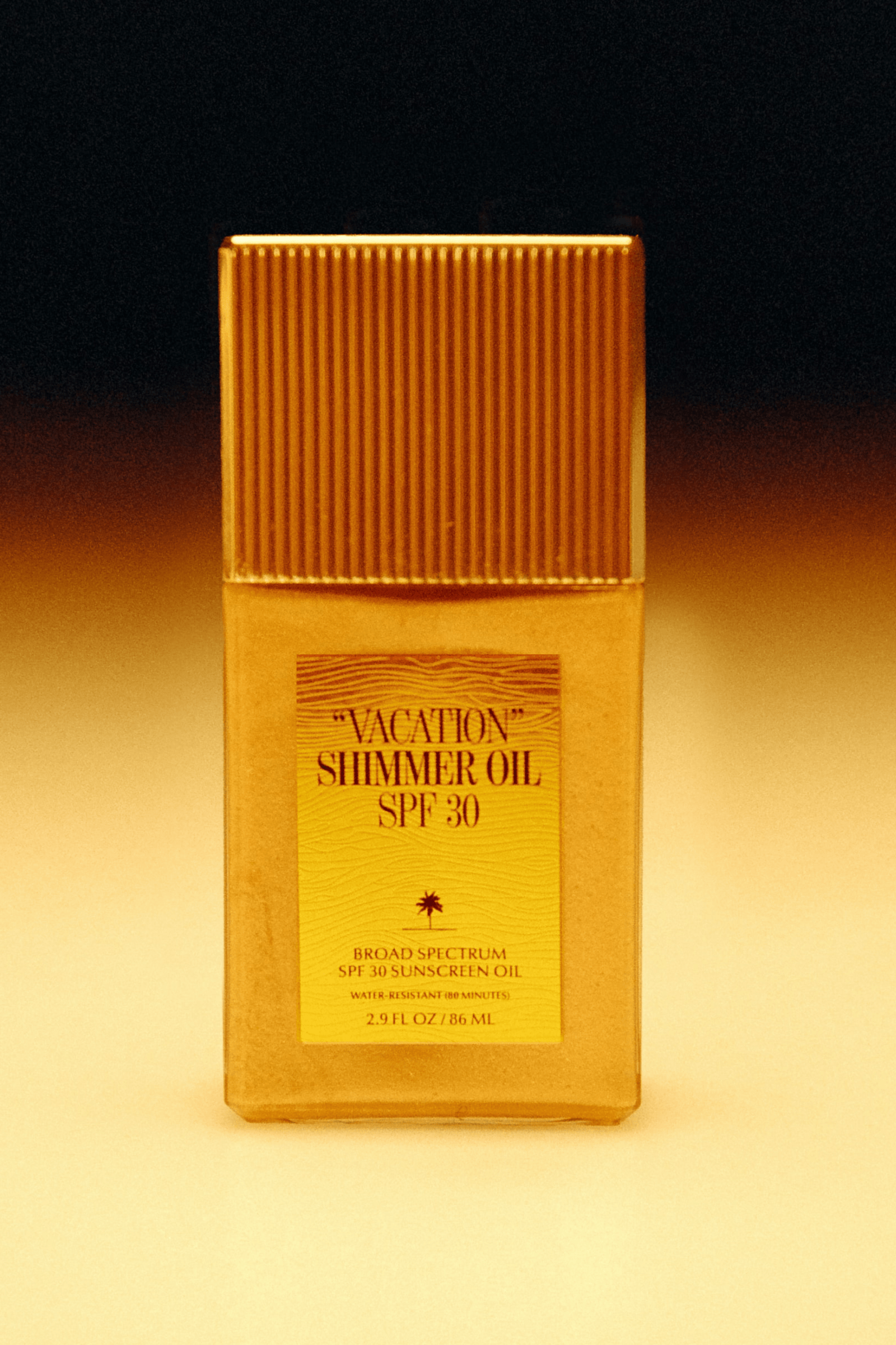 Vacation Shimmer Oil SPF 30 sunscreen bottle with shimmering finish and pump dispenser, designed for sun protection and luminous skin.