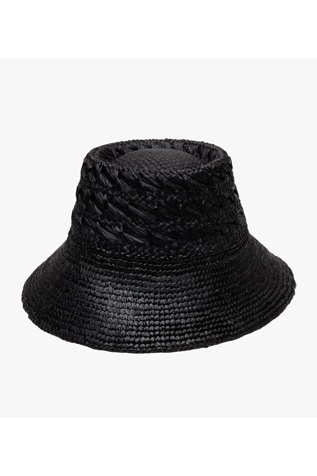 Black Wyeth Fina Bucket Hat with wide brim and woven texture, stylish headwear for sun protection and casual fashion.