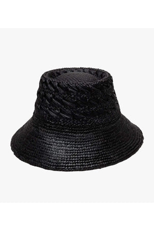 Black Wyeth Fina Bucket Hat with wide brim and woven texture, stylish headwear for sun protection and casual fashion.