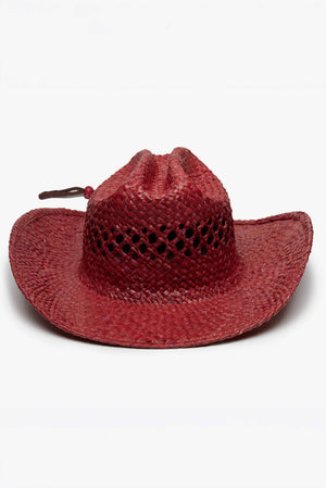 WYETH Brodie Raffia Cowboy hat in wine color, featuring a wide brim and woven raffia material, stylish western accessory.