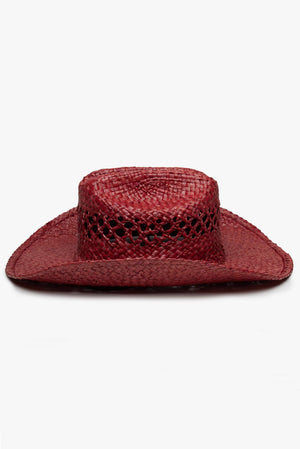 WYETH Brodie Raffia Cowboy hat in wine color, featuring a wide brim and braided raffia design.