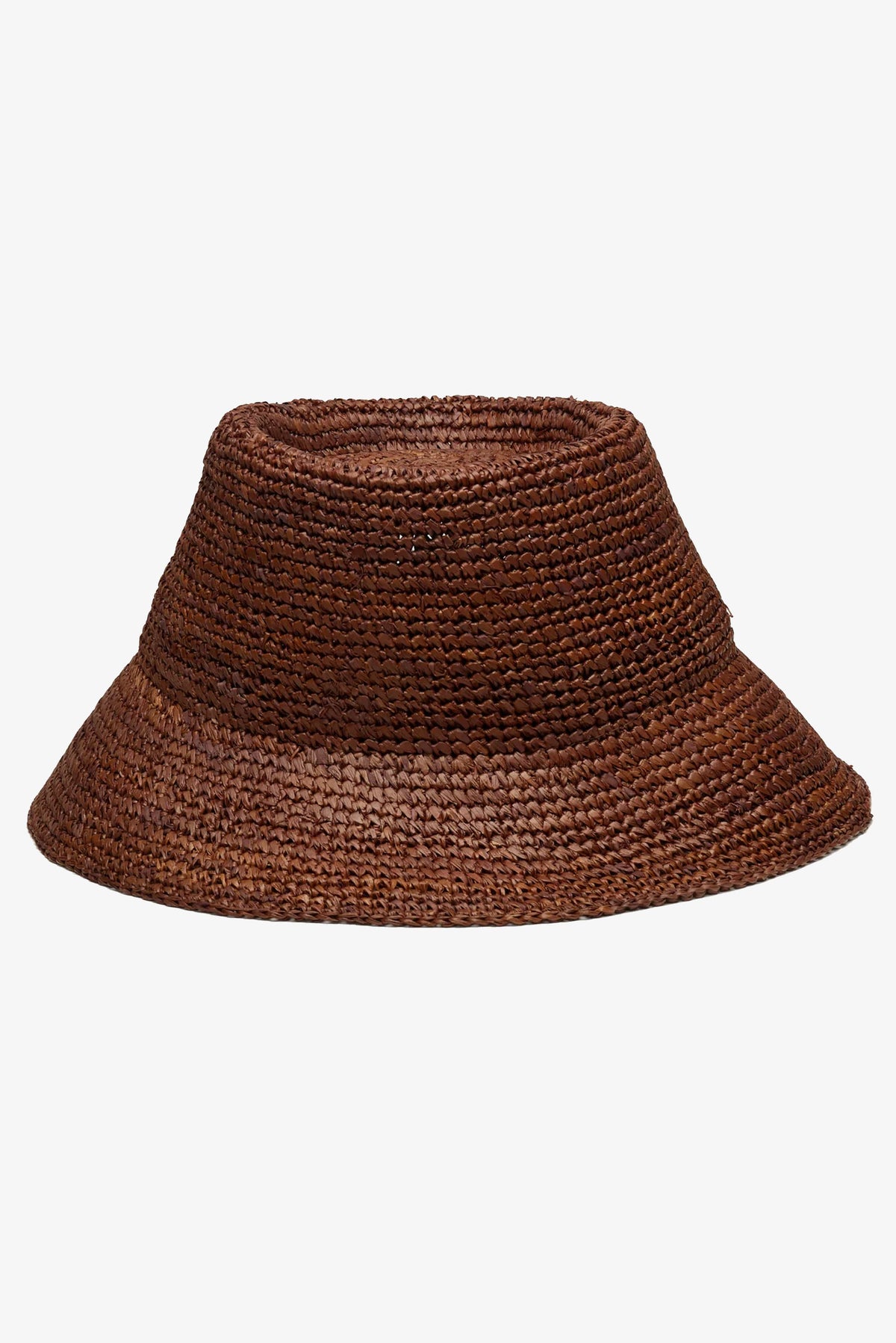 WYETH Tali Raffia Bucket Bag in chocolate color, showing its woven raffia texture and stylish design.