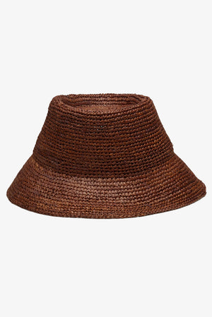 WYETH Tali Raffia Bucket Bag in chocolate color, showing its woven raffia texture and stylish design.
