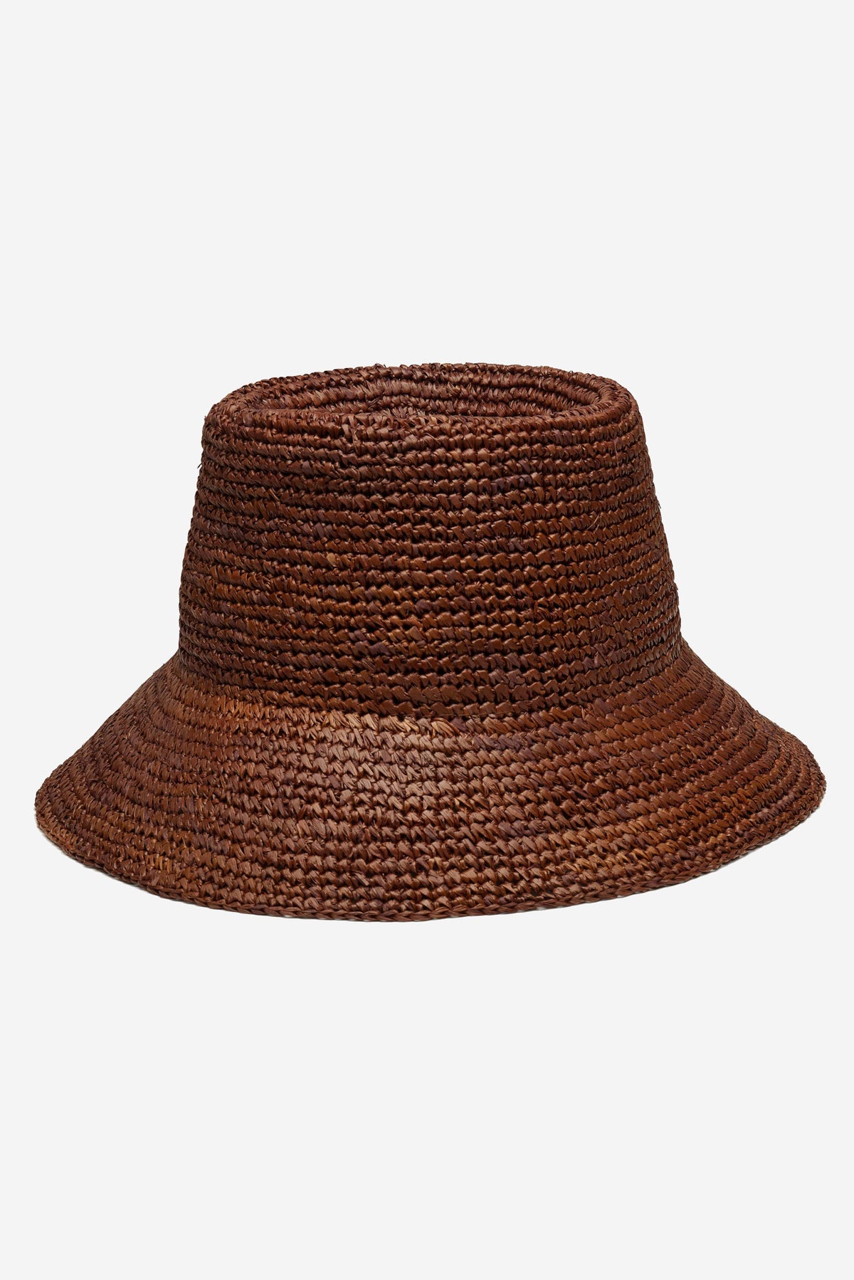 WYETH Tali Raffia Bucket in Chocolate, a stylish woven raffia bag with a rounded shape and top handle in rich chocolate color.