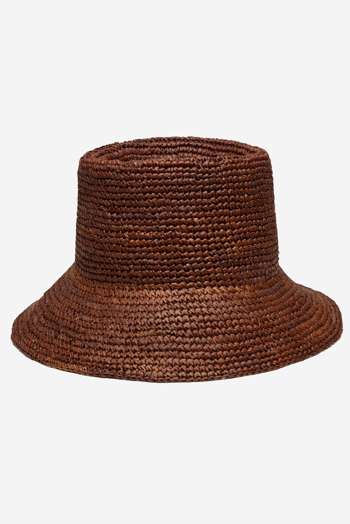 WYETH Tali Raffia Bucket Bag in chocolate with woven texture and rounded shape, featuring a sturdy handle for casual style.