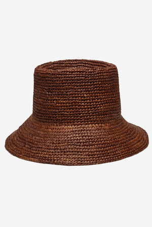 WYETH Tali Raffia Bucket Bag in chocolate with woven texture and rounded shape, featuring a sturdy handle for casual style.