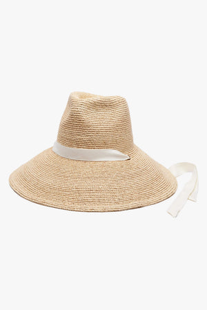WYETH Thea braided raffia wide brim sunhat showing its woven design and wide brim for sun protection, ideal for summer outings.