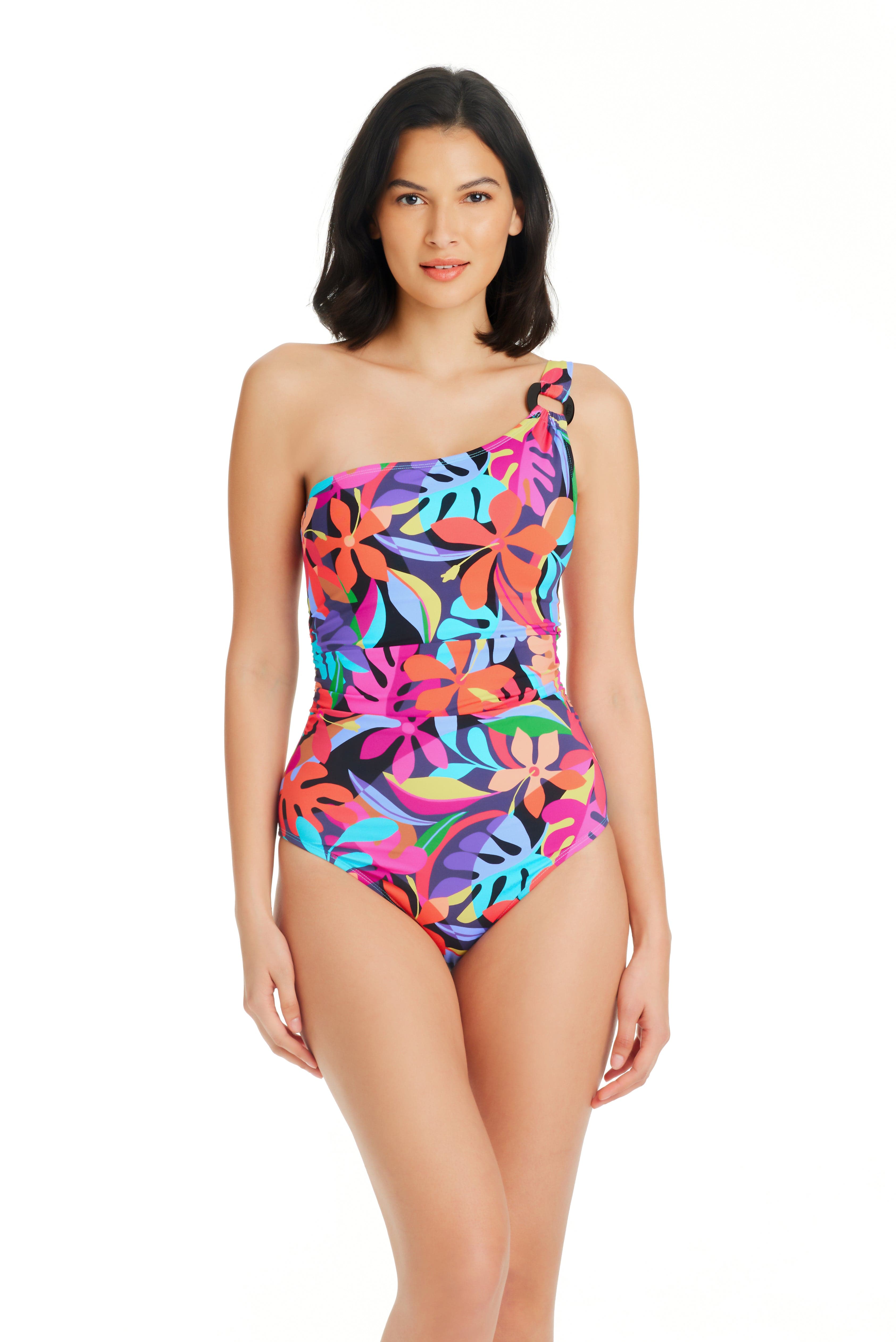 Graphic Measures Asymmetrical One Shoulder One Piece Swimsuit