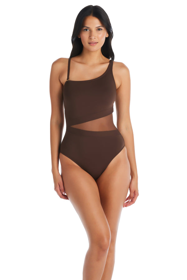 Don't Mesh With Me One Piece Mesh One Shoulder Swimsuit | Bleu