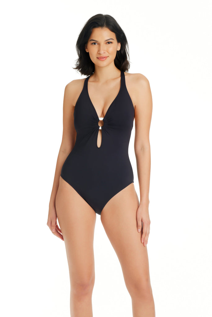 Laced-back plunging neck one-piece Reversible design
